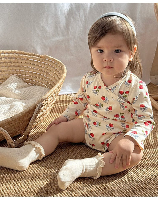 ロンパースセットアップ いちご/レモンボーダー長袖ボディスーツ/ロングパンツ【mh0010739】