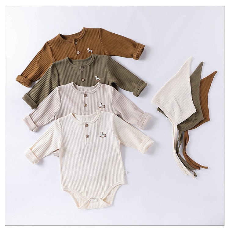 長袖ロンパース 木馬ワンポイント刺繍リブ長袖ボディスーツ【mh0010742】