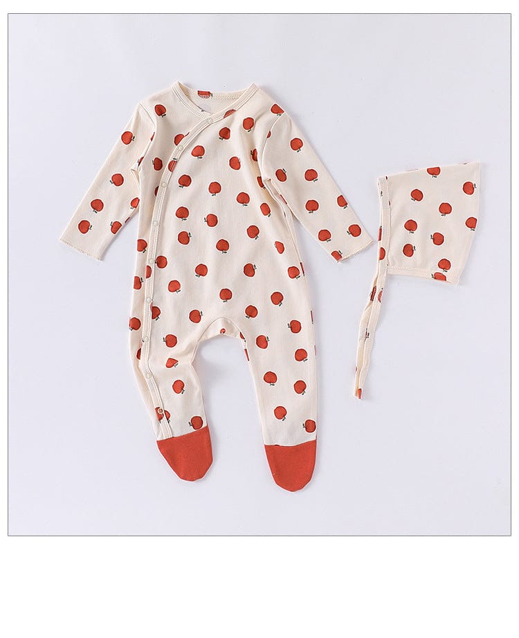 長袖ロンパース どんぐり/梨/りんご足付き長袖肌着ロンパース+ボンネット帽子セット【mh0010743】