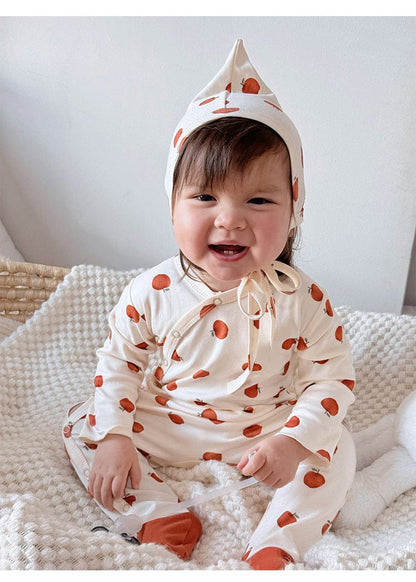 長袖ロンパース どんぐり/梨/りんご足付き長袖肌着ロンパース+ボンネット帽子セット【mh0010743】