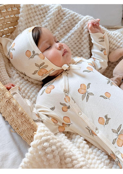 長袖ロンパース どんぐり/梨/りんご足付き長袖肌着ロンパース+ボンネット帽子セット【mh0010743】