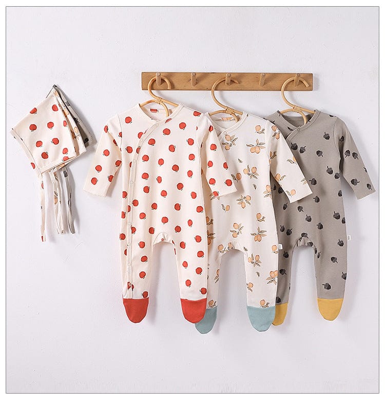 長袖ロンパース どんぐり/梨/りんご足付き長袖肌着ロンパース+ボンネット帽子セット【mh0010743】