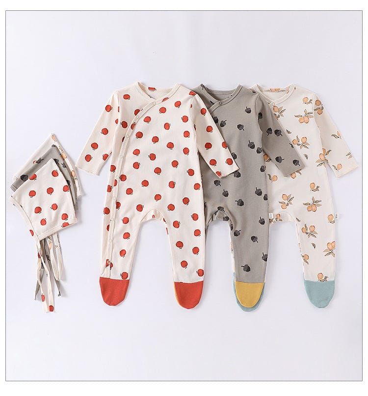 長袖ロンパース どんぐり/梨/りんご足付き長袖肌着ロンパース+ボンネット帽子セット【mh0010743】