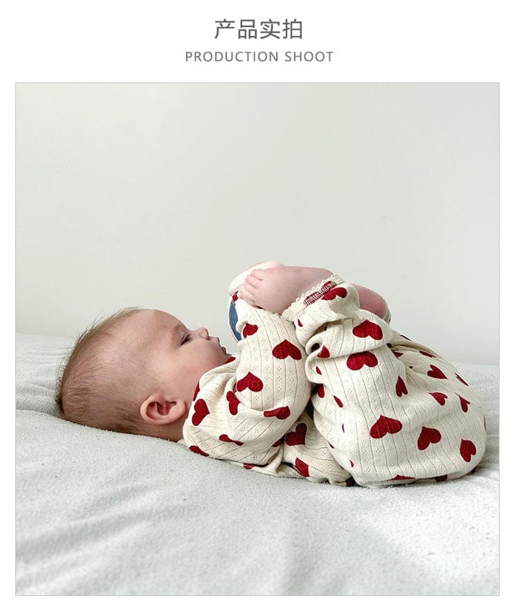 長袖ロンパース ハート/リボンプリント長袖ロンパース【mh0010747】