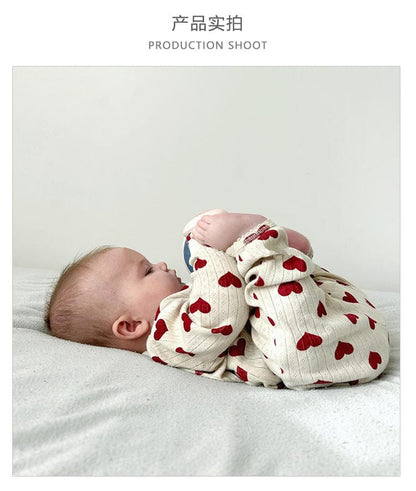 長袖ロンパース ハート/リボンプリント長袖ロンパース【mh0010747】