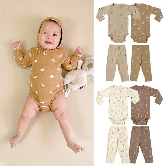 ロンパースセットアップ ダイナソー/ムーン/フラワープリント長袖ボディスーツ/ロングパンツ【mh0010754】