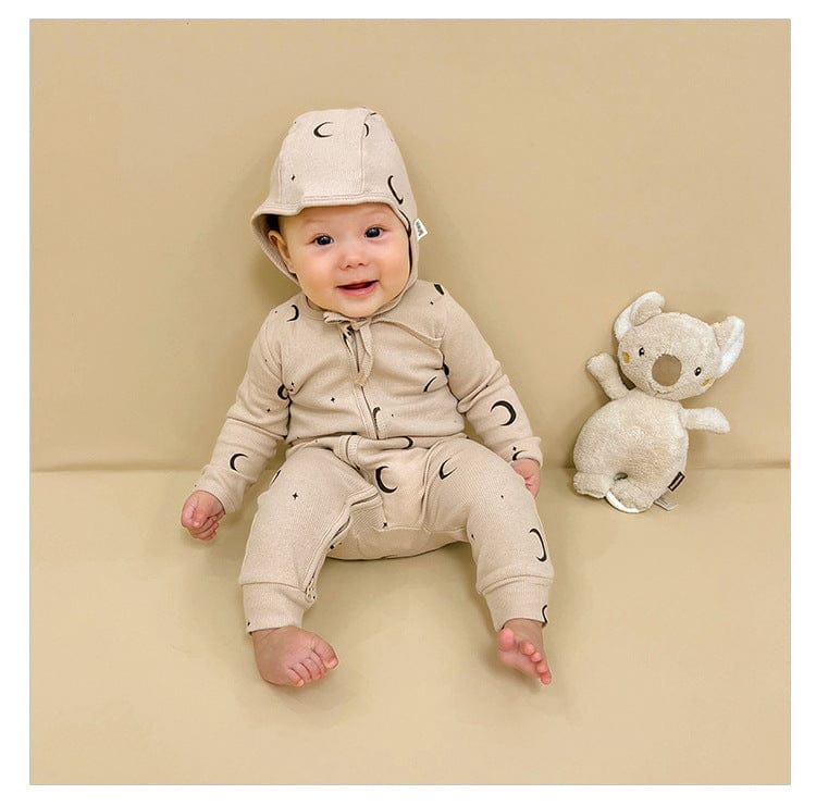 長袖ロンパース ダイナソー/ムーン/フラワープリントジップアップ長袖ジャンプスーツロンパース【mh0010755】