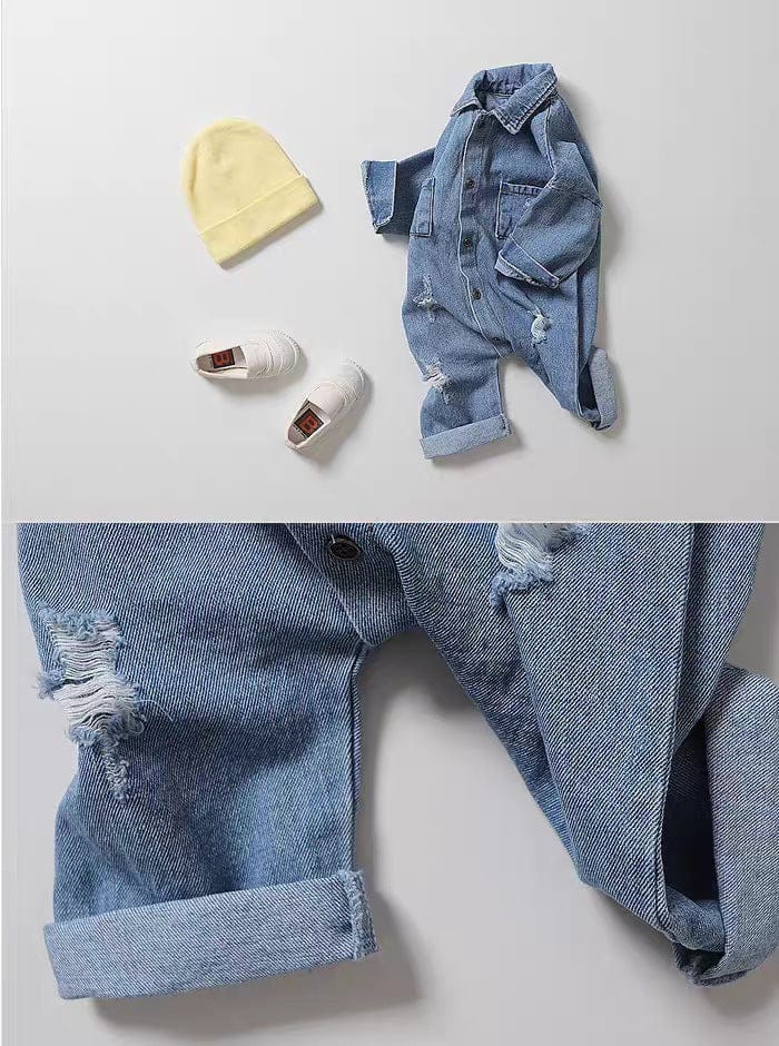 長袖ジャンプスーツ ダメージ加工長袖デニムジャンプスーツ オーバーオール【mh0010786】