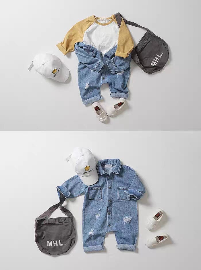 長袖ジャンプスーツ ダメージ加工長袖デニムジャンプスーツ オーバーオール【mh0010786】