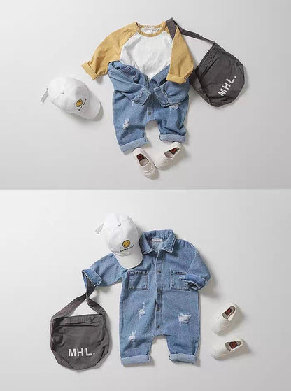 長袖ジャンプスーツ ダメージ加工長袖デニムジャンプスーツ オーバーオール【mh0010786】