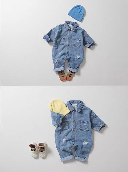 長袖ジャンプスーツ ダメージ加工長袖デニムジャンプスーツ オーバーオール【mh0010786】