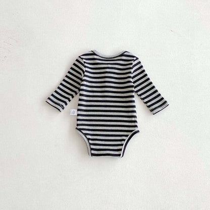 長袖ロンパース リブ素材ヘンリーネック長袖ロンパースボーダー柄【mh0010919】