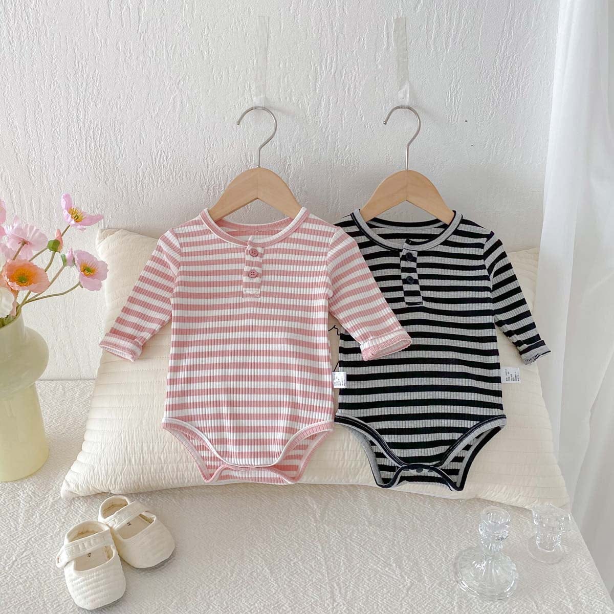 長袖ロンパース リブ素材ヘンリーネック長袖ロンパースボーダー柄【mh0010919】