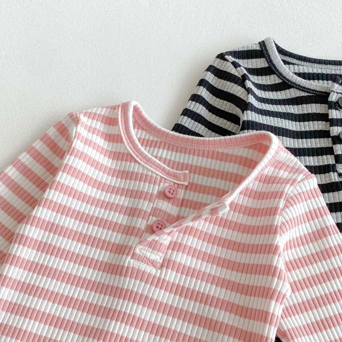 長袖ロンパース リブ素材ヘンリーネック長袖ロンパースボーダー柄【mh0010919】