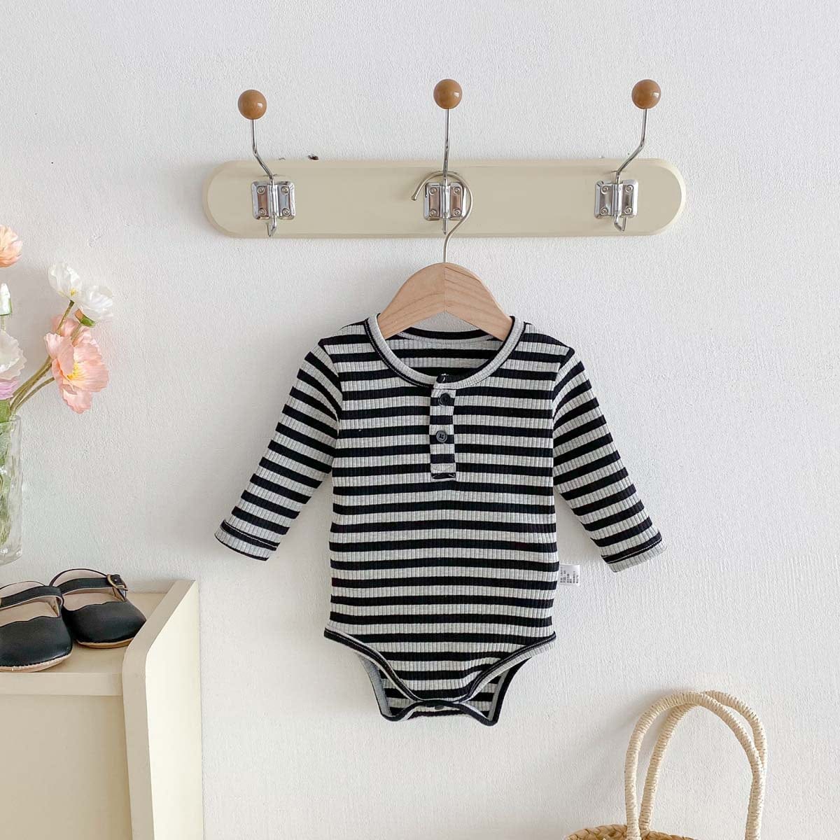 長袖ロンパース リブ素材ヘンリーネック長袖ロンパースボーダー柄【mh0010919】