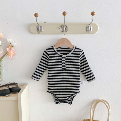 長袖ロンパース リブ素材ヘンリーネック長袖ロンパースボーダー柄【mh0010919】