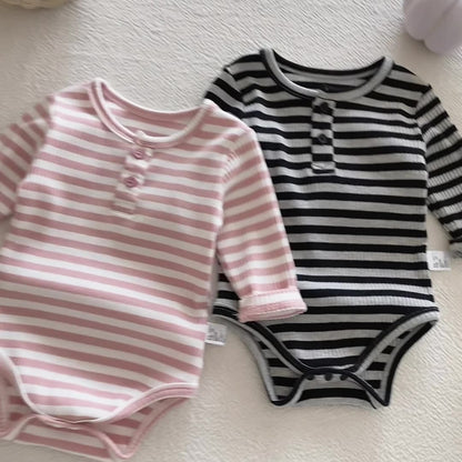 長袖ロンパース リブ素材ヘンリーネック長袖ロンパースボーダー柄【mh0010919】