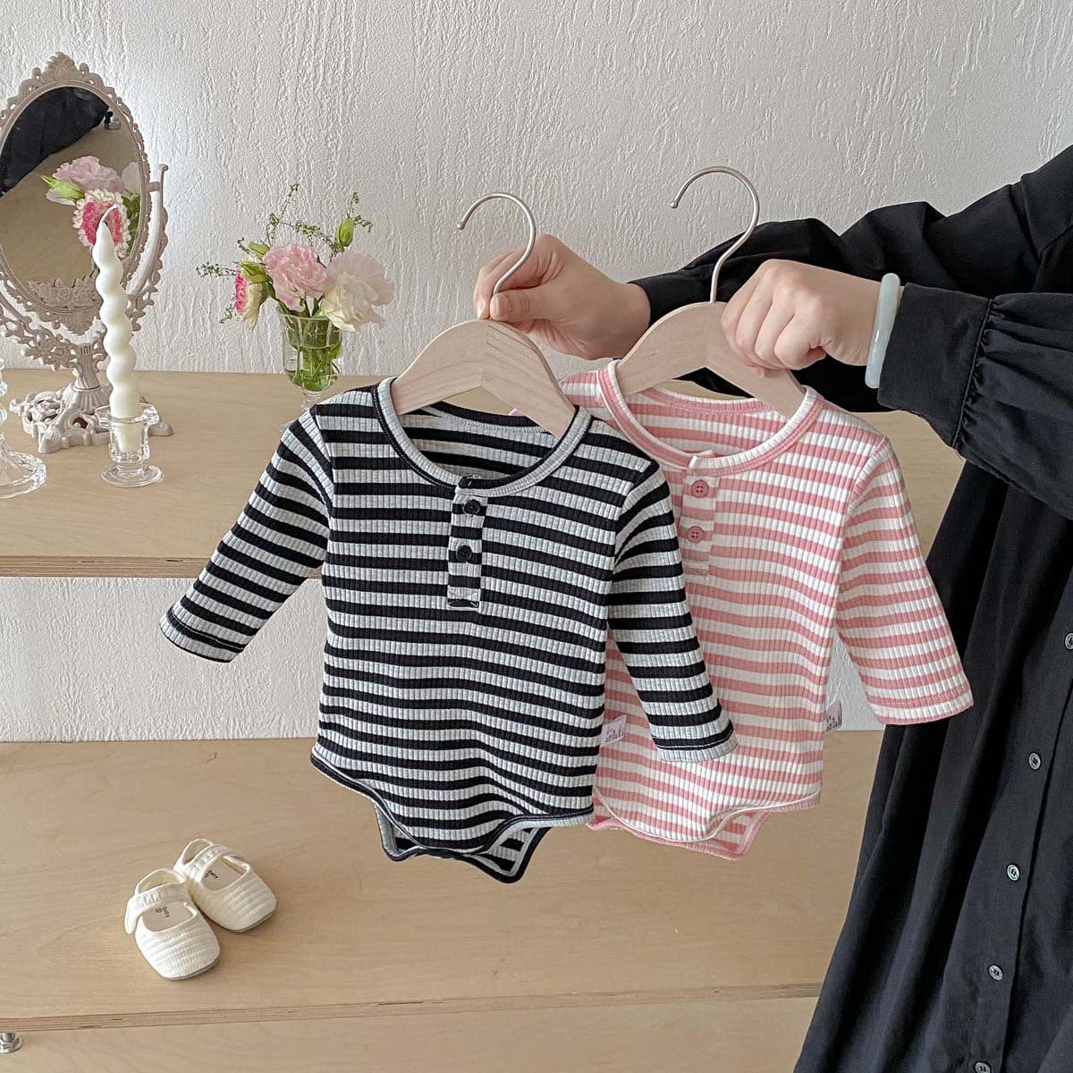 長袖ロンパース リブ素材ヘンリーネック長袖ロンパースボーダー柄【mh0010919】