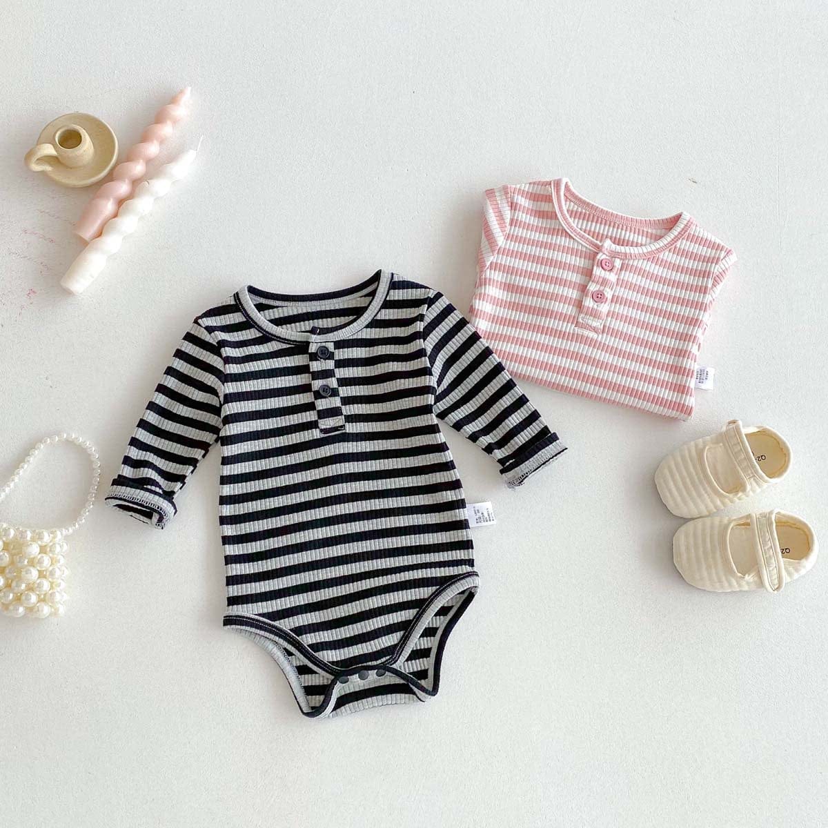 長袖ロンパース リブ素材ヘンリーネック長袖ロンパースボーダー柄【mh0010919】