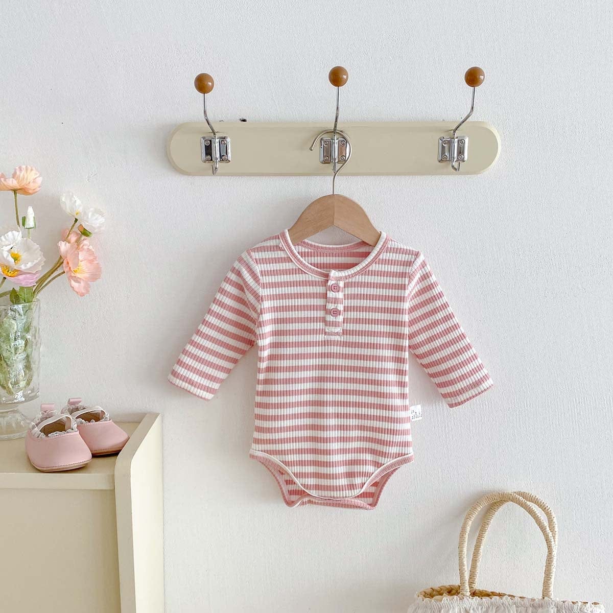 長袖ロンパース リブ素材ヘンリーネック長袖ロンパースボーダー柄【mh0010919】