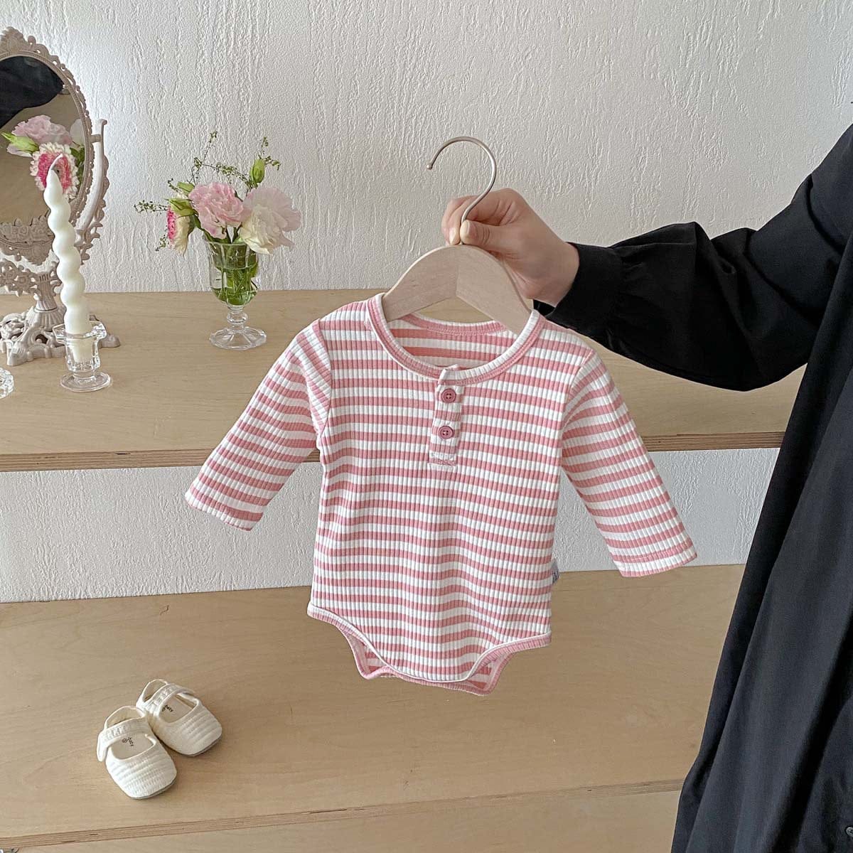 長袖ロンパース リブ素材ヘンリーネック長袖ロンパースボーダー柄【mh0010919】