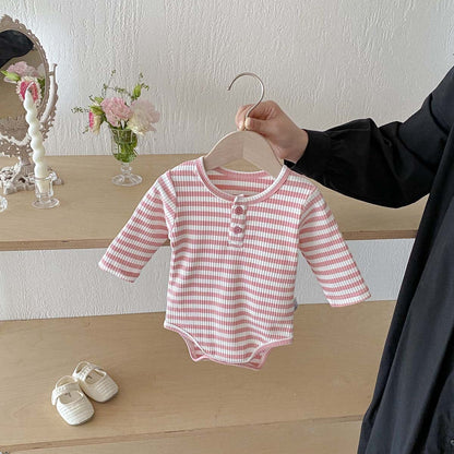 長袖ロンパース リブ素材ヘンリーネック長袖ロンパースボーダー柄【mh0010919】