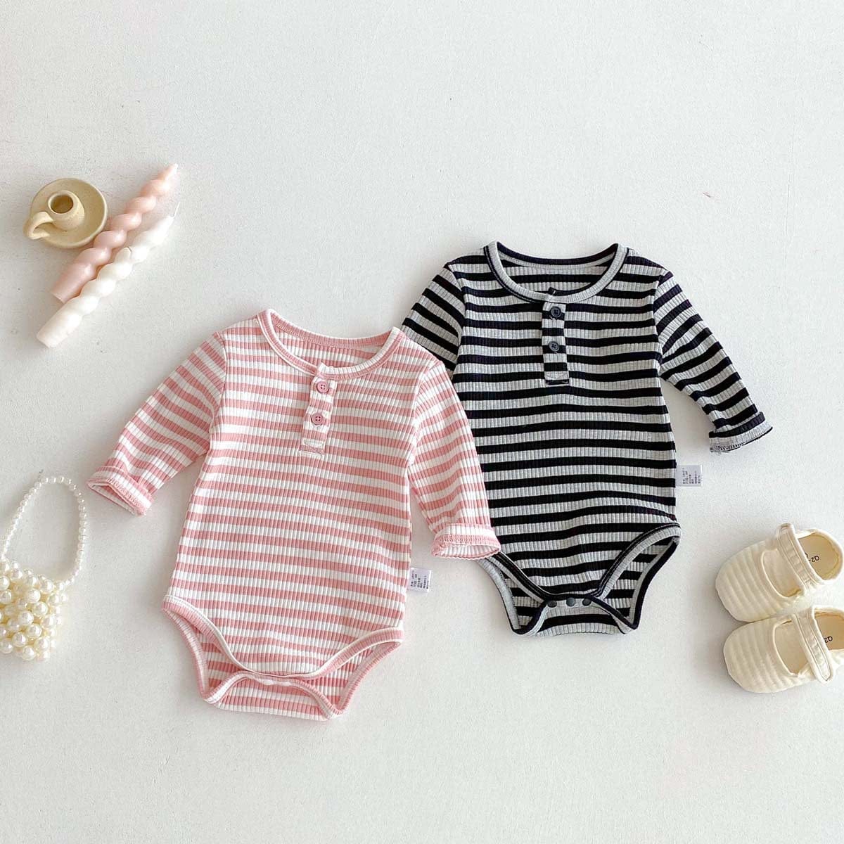 長袖ロンパース リブ素材ヘンリーネック長袖ロンパースボーダー柄【mh0010919】