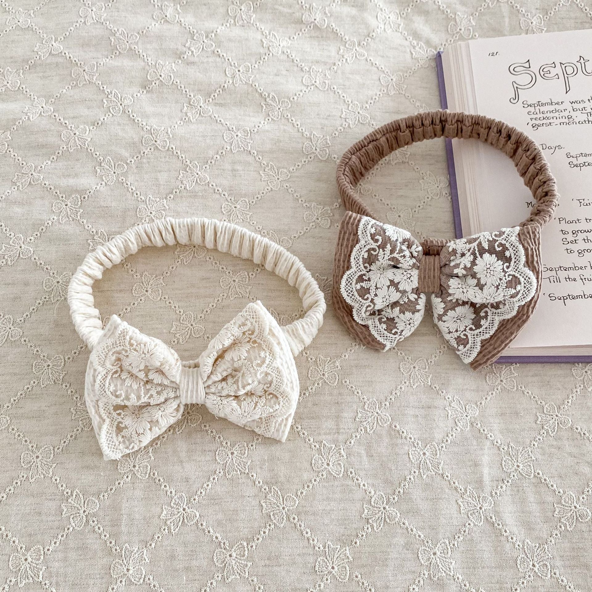 長袖ロンパース フリルレース襟ワッフルロンパース+ヘアバンドセット【mh0010921】