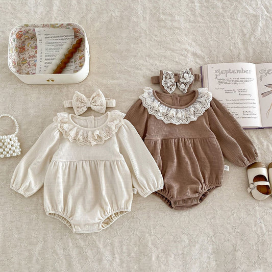 長袖ロンパース フリルレース襟ワッフルロンパース+ヘアバンドセット【mh0010921】