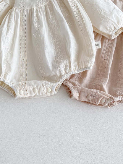 長袖ロンパース 刺繍レース長袖パフスリーブロンパース【mh0010924】