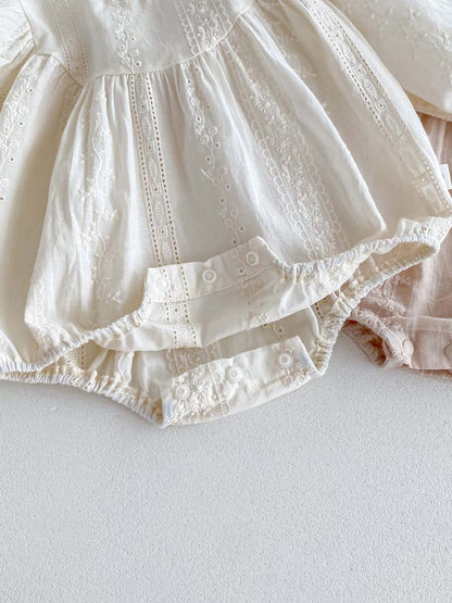 長袖ロンパース 刺繍レース長袖パフスリーブロンパース【mh0010924】