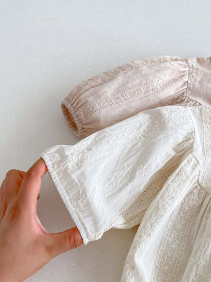 長袖ロンパース 刺繍レース長袖パフスリーブロンパース【mh0010924】