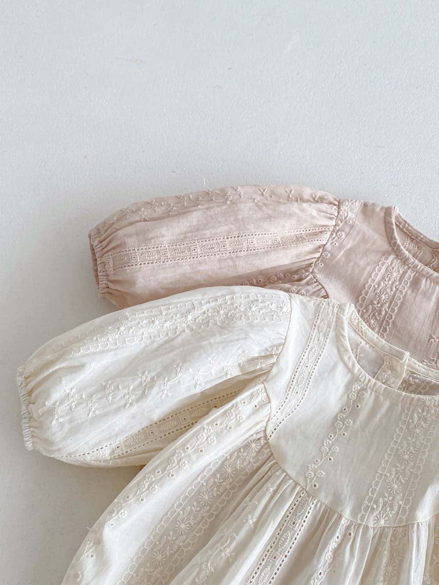 長袖ロンパース 刺繍レース長袖パフスリーブロンパース【mh0010924】