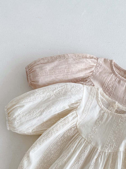 長袖ロンパース 刺繍レース長袖パフスリーブロンパース【mh0010924】