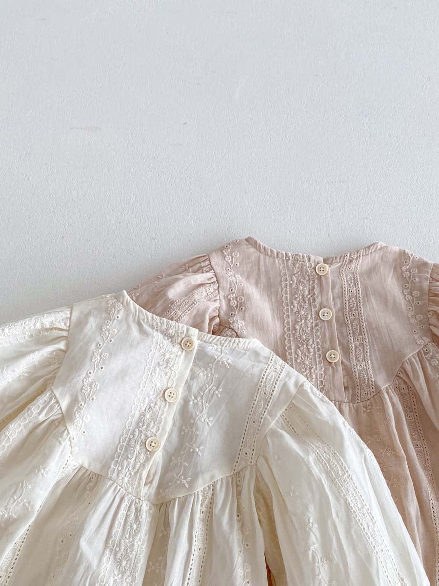 長袖ロンパース 刺繍レース長袖パフスリーブロンパース【mh0010924】