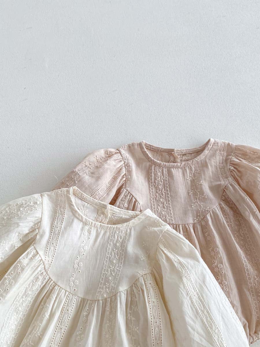 長袖ロンパース 刺繍レース長袖パフスリーブロンパース【mh0010924】