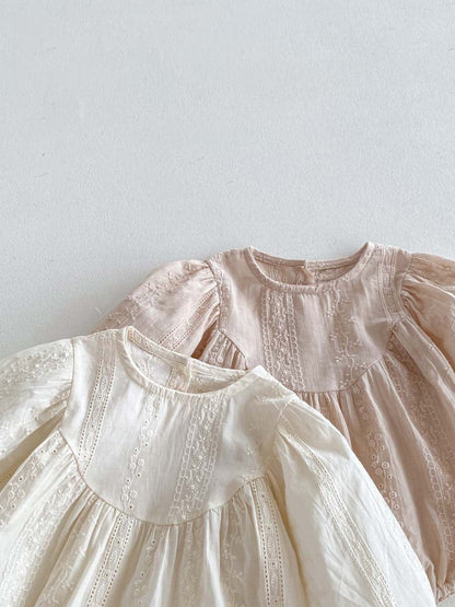 長袖ロンパース 刺繍レース長袖パフスリーブロンパース【mh0010924】