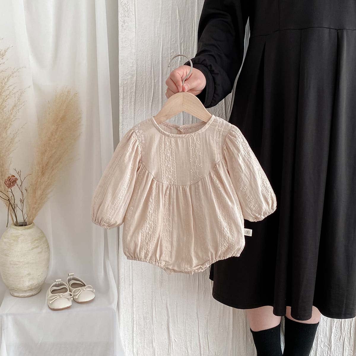 長袖ロンパース 刺繍レース長袖パフスリーブロンパース【mh0010924】