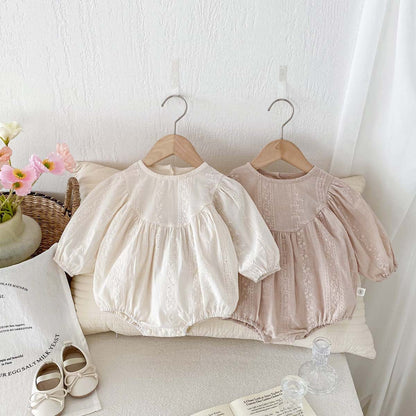 長袖ロンパース 刺繍レース長袖パフスリーブロンパース【mh0010924】