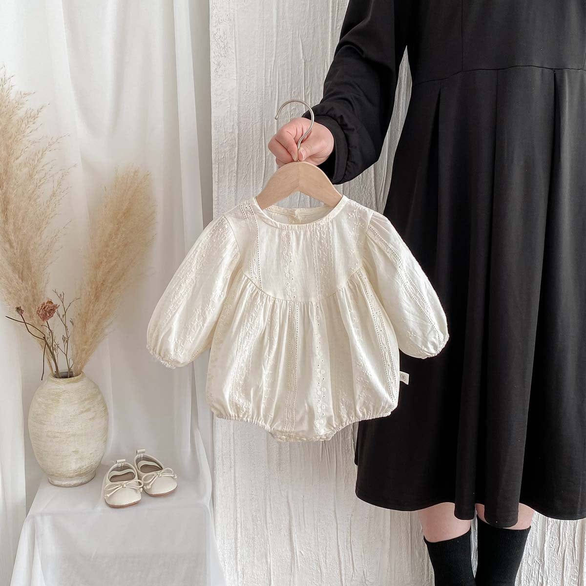 長袖ロンパース 刺繍レース長袖パフスリーブロンパース【mh0010924】