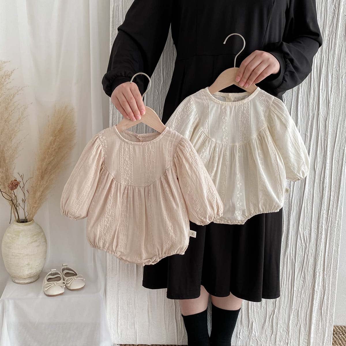 長袖ロンパース 刺繍レース長袖パフスリーブロンパース【mh0010924】