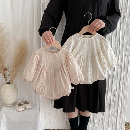 長袖ロンパース 刺繍レース長袖パフスリーブロンパース【mh0010924】