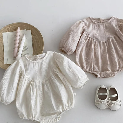 長袖ロンパース 刺繍レース長袖パフスリーブロンパース【mh0010924】