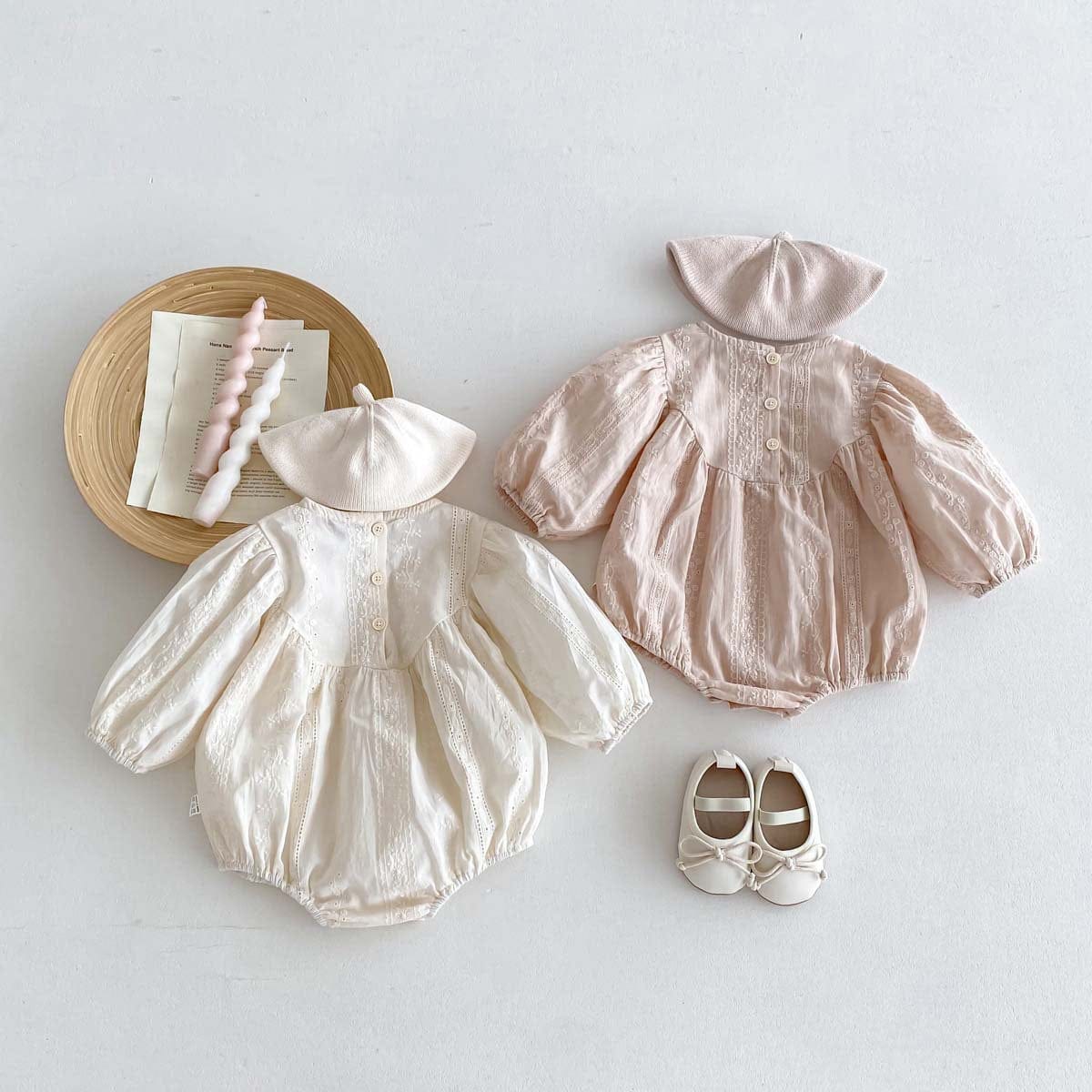 長袖ロンパース 刺繍レース長袖パフスリーブロンパース【mh0010924】