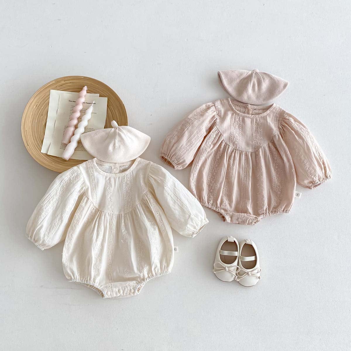 長袖ロンパース 刺繍レース長袖パフスリーブロンパース【mh0010924】