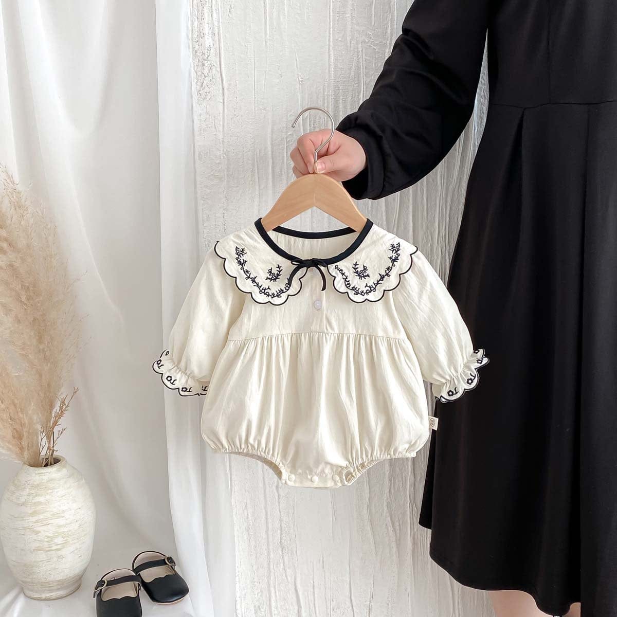 長袖ロンパース 刺繍レースフリル襟長袖ロンパース【mh0010926】