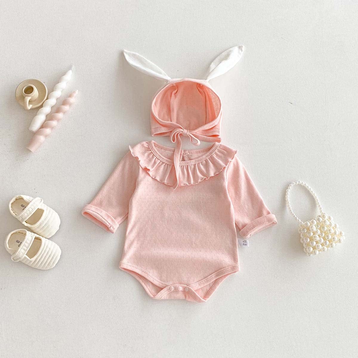 長袖ロンパース ラッフル襟長袖ロンパース+うさ耳ボンネット帽子セット【mh0010932】