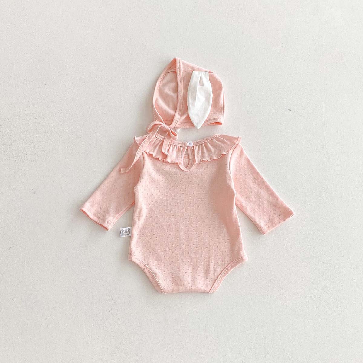 長袖ロンパース ラッフル襟長袖ロンパース+うさ耳ボンネット帽子セット【mh0010932】