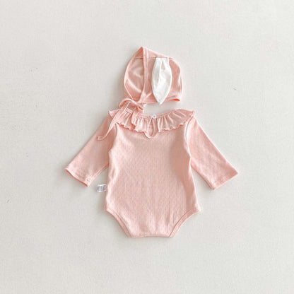 長袖ロンパース ラッフル襟長袖ロンパース+うさ耳ボンネット帽子セット【mh0010932】