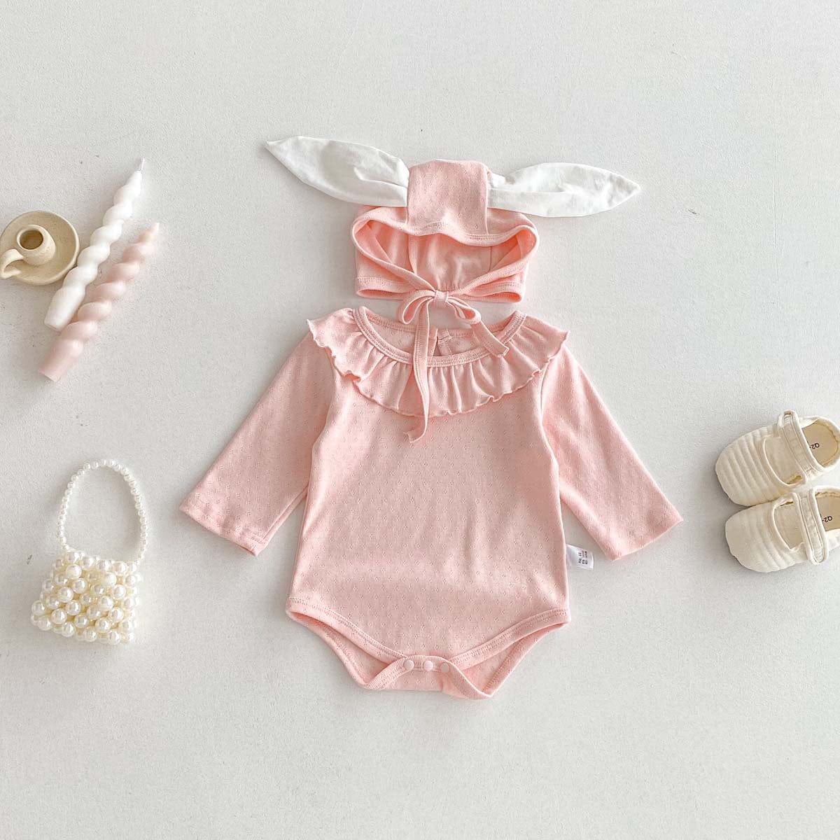 長袖ロンパース ラッフル襟長袖ロンパース+うさ耳ボンネット帽子セット【mh0010932】